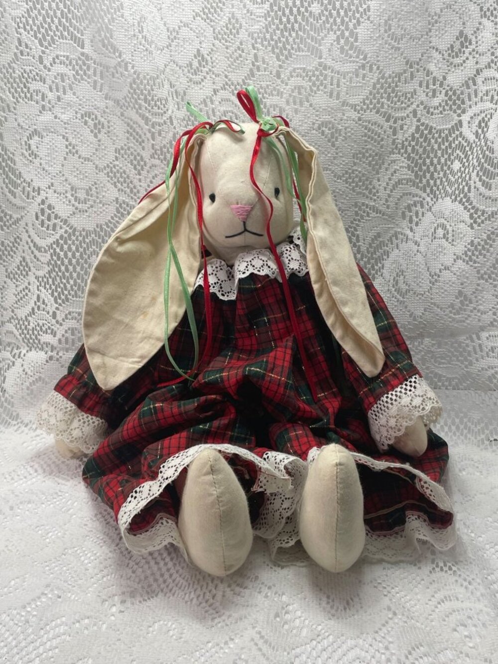Handmade Christmas Bunny Doll In Plaid Dress With Lace Trim & Ribbon Accents